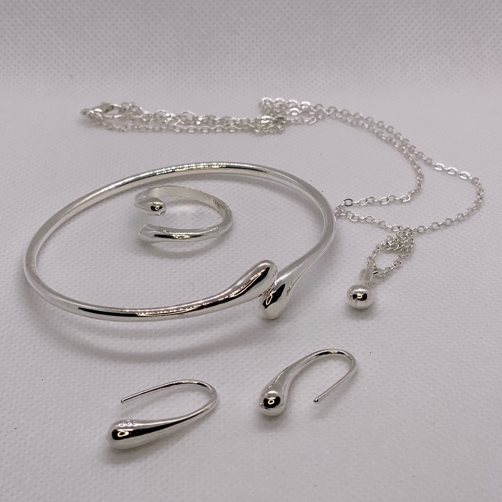New Silver 925 Modern WaterDrop Jewelry Set Ring Pendant Necklace Bracelet